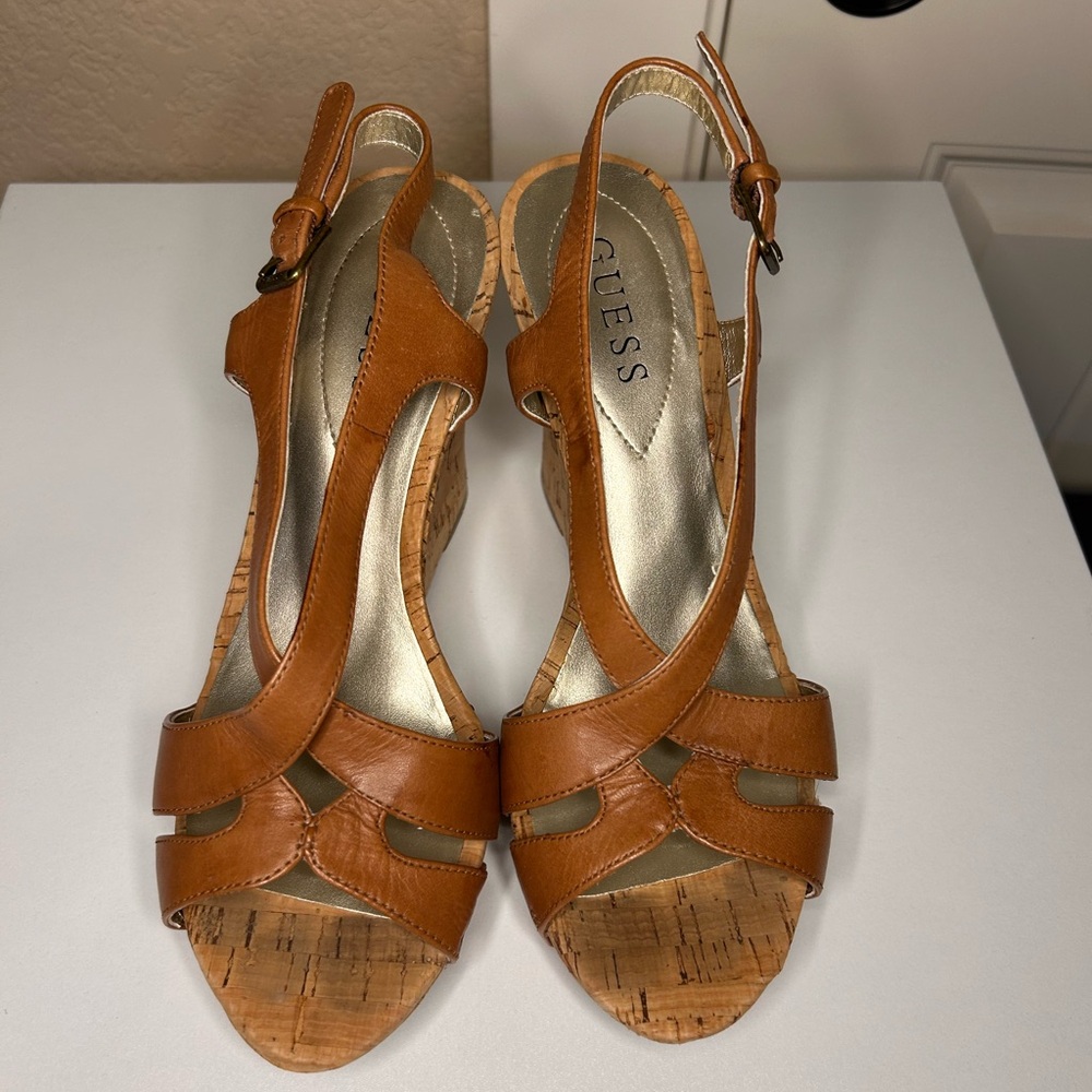 Guess Cross Strap Pattern Leather & Cork Wedge Heels sz 7